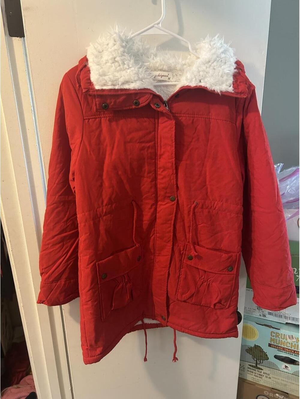Brand new Fengzhyiuan Red winter coat with white faux fur trim, size M